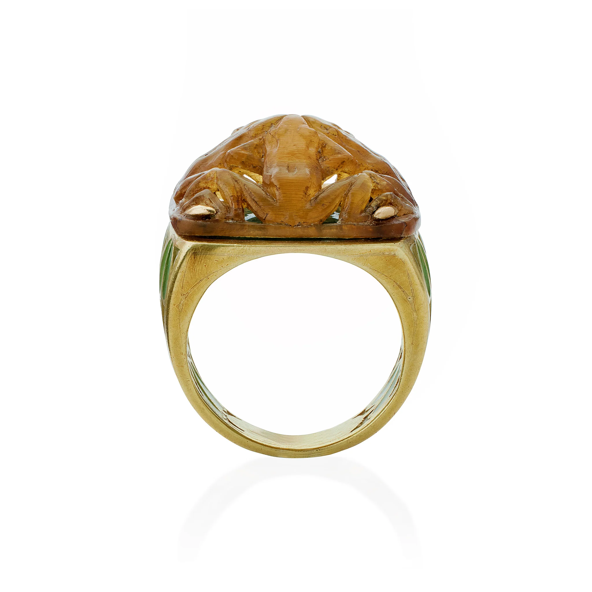René Lalique Art Nouveau Carved Horn and Plique-à-jour Enamel "Grenouilles" or Frogs Ring - Image 3