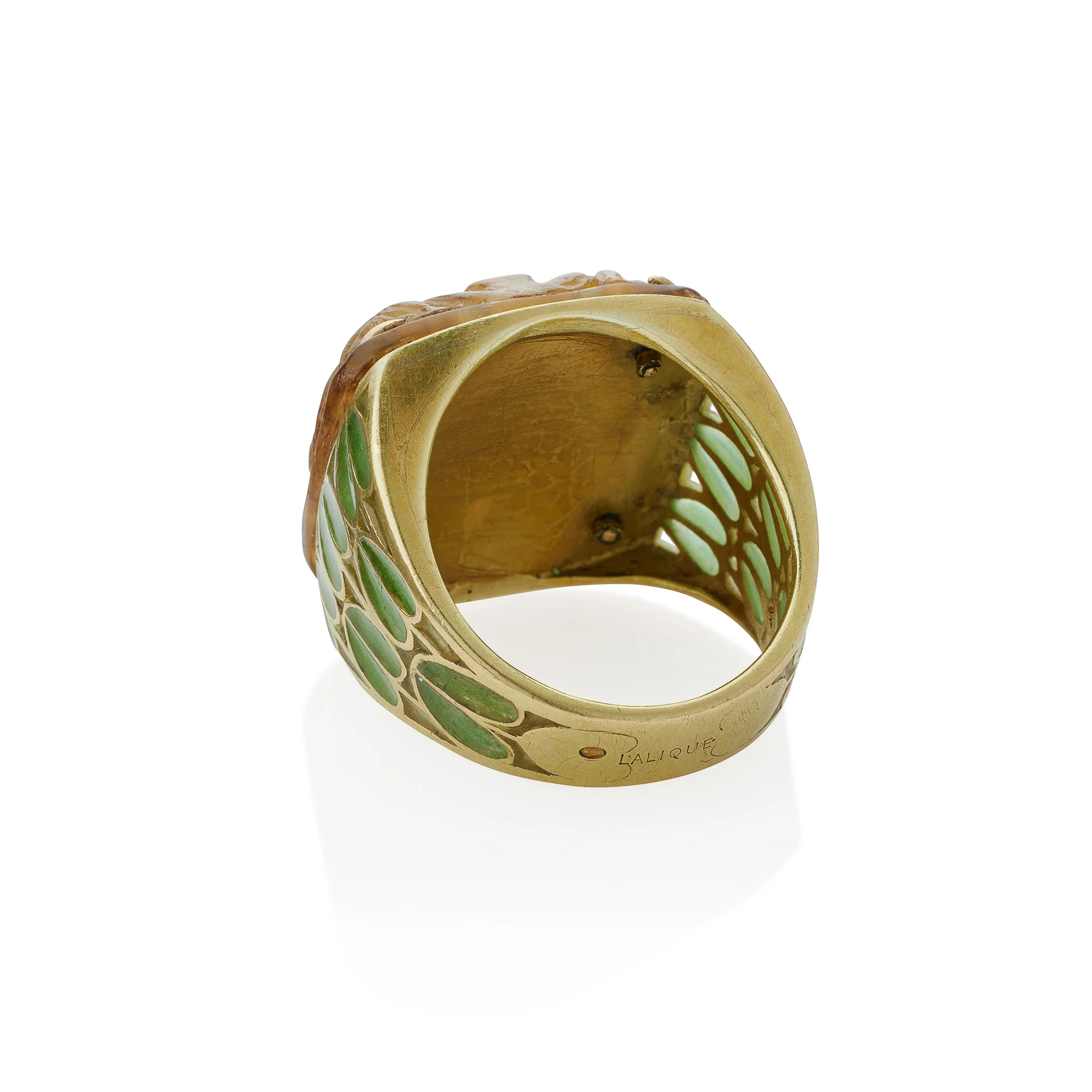 René Lalique Art Nouveau Carved Horn and Plique-à-jour Enamel "Grenouilles" or Frogs Ring - Image 4