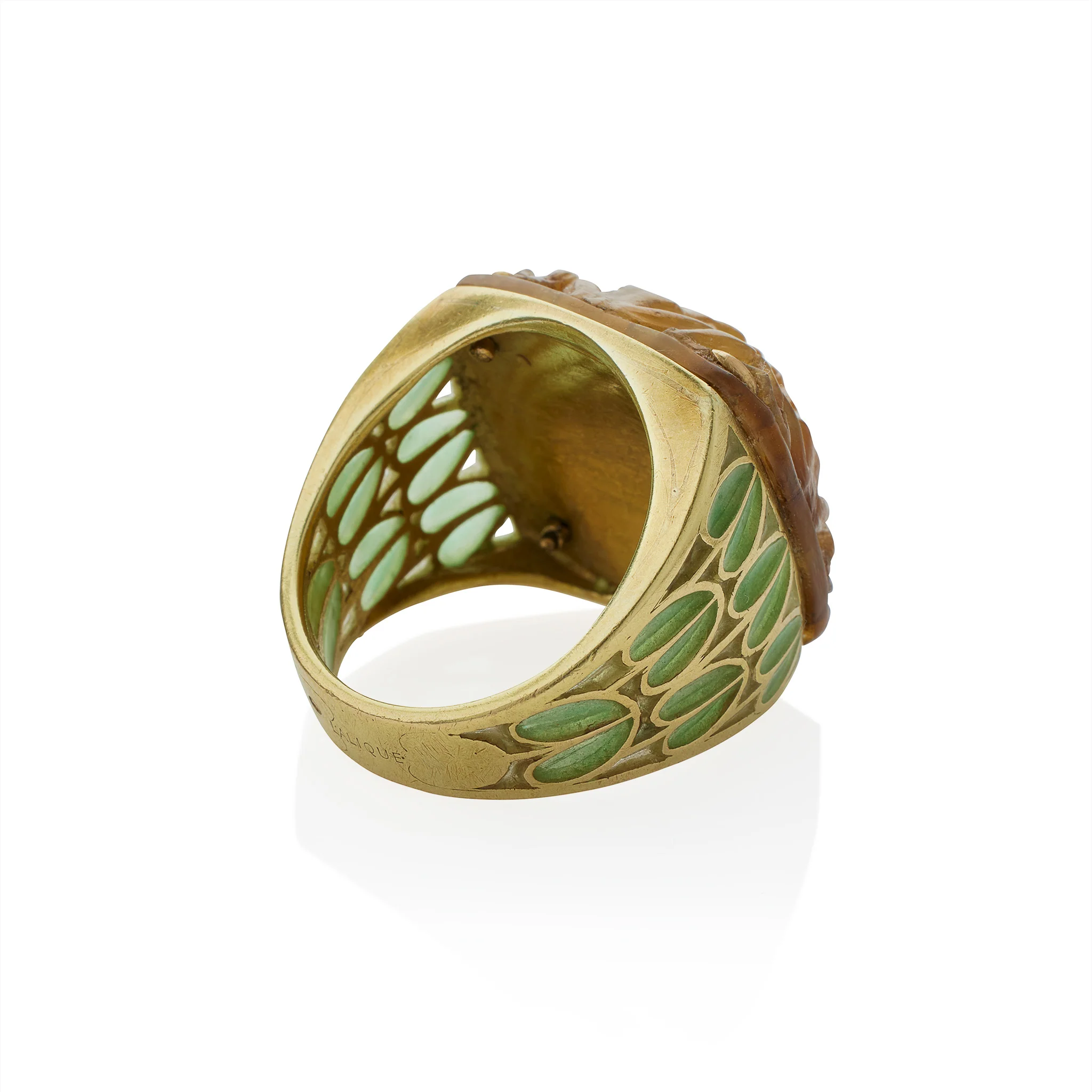 René Lalique Art Nouveau Carved Horn and Plique-à-jour Enamel "Grenouilles" or Frogs Ring - Image 5