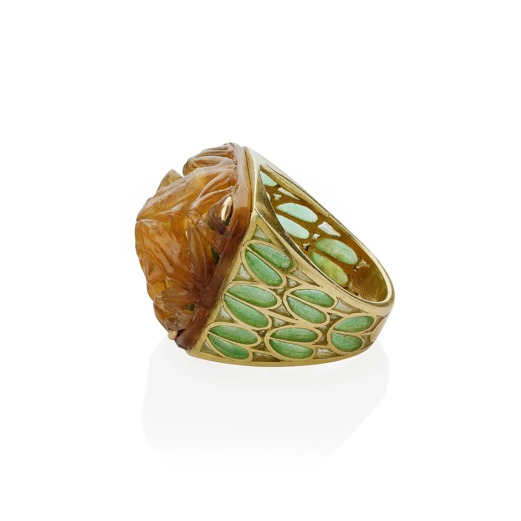 René Lalique Art Nouveau Carved Horn and Plique-à-jour Enamel "Grenouilles" or Frogs Ring - Image 6