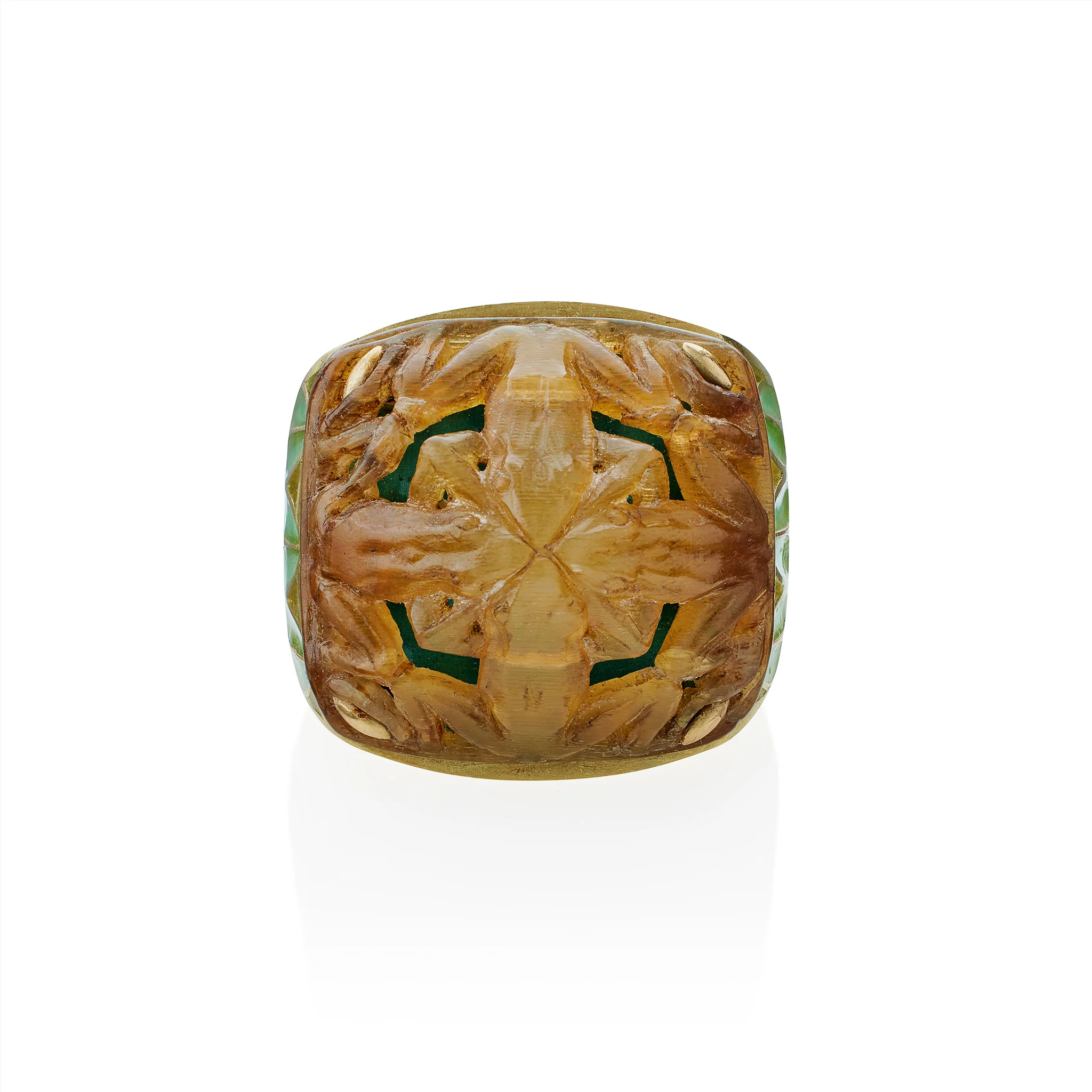 René Lalique Art Nouveau Carved Horn and Plique-à-jour Enamel "Grenouilles" or Frogs Ring - Image 7